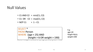 Null Values
• C1 AND C2 = min(C1, C2)
• C1 OR C2 = max(C1, C2)
• NOT C1 = 1 – C1
Rule in SQL: include only tuples that yield TRUE
Dec-22 SQL 62
SELECT *
FROM Person
WHERE (age < 25) AND
(height > 6 OR weight > 190)
E.g.
age=20
heigth=NULL
weight=200
 