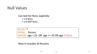 Null Values
Can test for NULL explicitly:
• x IS NULL
• x IS NOT NULL
Now it includes all Persons
Dec-22 SQL 64
SELECT *
FROM Person
WHERE age < 25 OR age >= 25 OR age IS NULL
 