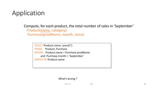 Application
Compute, for each product, the total number of sales in ‘September’
Product(name, category)
Purchase(prodName, month, store)
Dec-22 SQL 68
SELECT Product.name, count(*)
FROM Product, Purchase
WHERE Product.name = Purchase.prodName
and Purchase.month = ‘September’
GROUP BY Product.name
What’s wrong ?
 