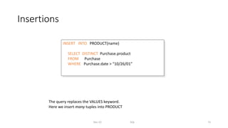 Insertions
Dec-22 SQL 73
INSERT INTO PRODUCT(name)
SELECT DISTINCT Purchase.product
FROM Purchase
WHERE Purchase.date > “10/26/01”
The query replaces the VALUES keyword.
Here we insert many tuples into PRODUCT
 