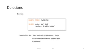 Deletions
Dec-22 SQL 77
DELETE FROM PURCHASE
WHERE seller = ‘Joe’ AND
product = ‘Brooklyn Bridge’
Factoid about SQL: there is no way to delete only a single
occurrence of a tuple that appears twice
in a relation.
Example:
 