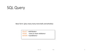SQL Query
Dec-22 SQL 8
Basic form: (plus many many more bells and whistles)
SELECT <attributes>
FROM <one or more relations>
WHERE <conditions>
 