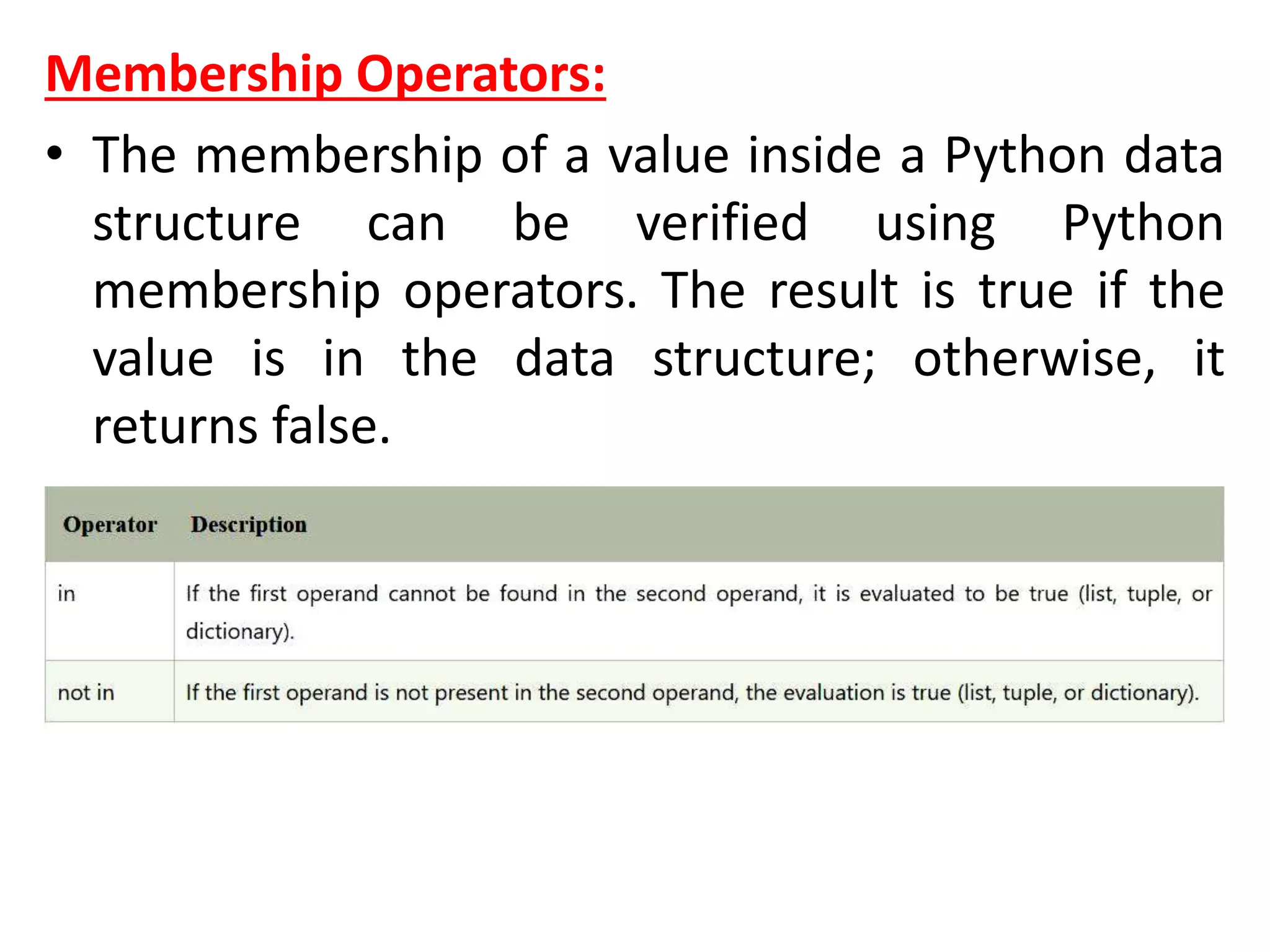 Membership Operators:
• The membership of a value inside a Python data
structure can be verified using Python
membership operators. The result is true if the
value is in the data structure; otherwise, it
returns false.
 