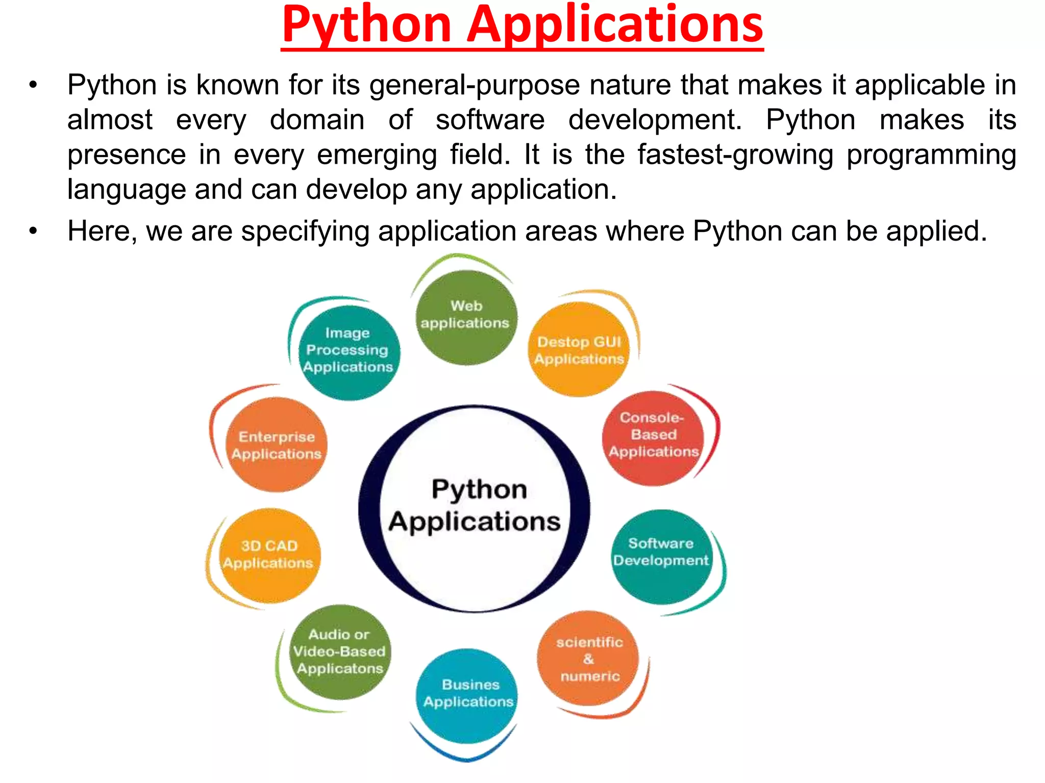 Python Applications
• Python is known for its general-purpose nature that makes it applicable in
almost every domain of software development. Python makes its
presence in every emerging field. It is the fastest-growing programming
language and can develop any application.
• Here, we are specifying application areas where Python can be applied.
 