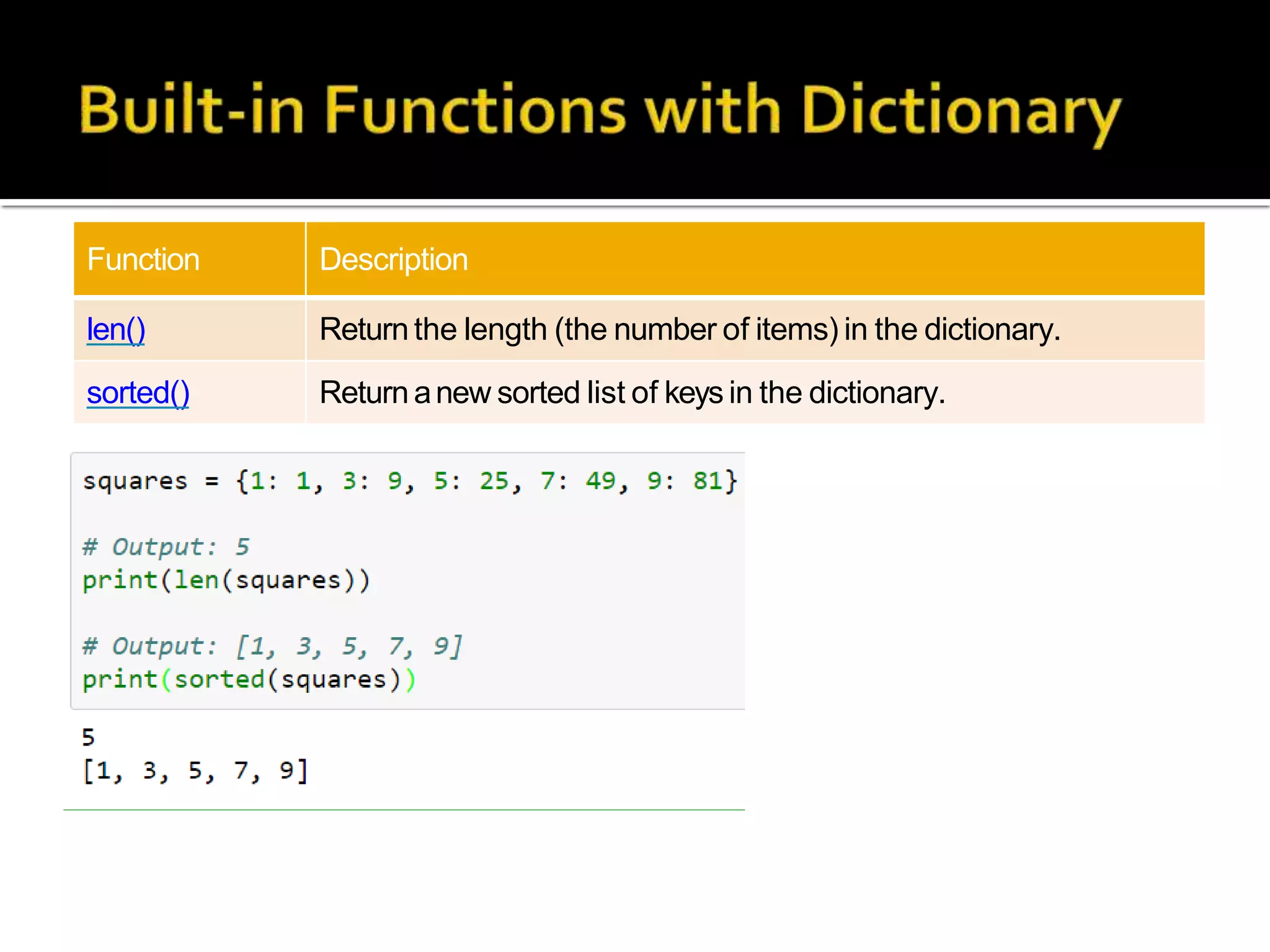 Function Description
len() Returnthe length (the number of items) in the dictionary.
sorted() Returnanew sorted list of keys in the dictionary.
 