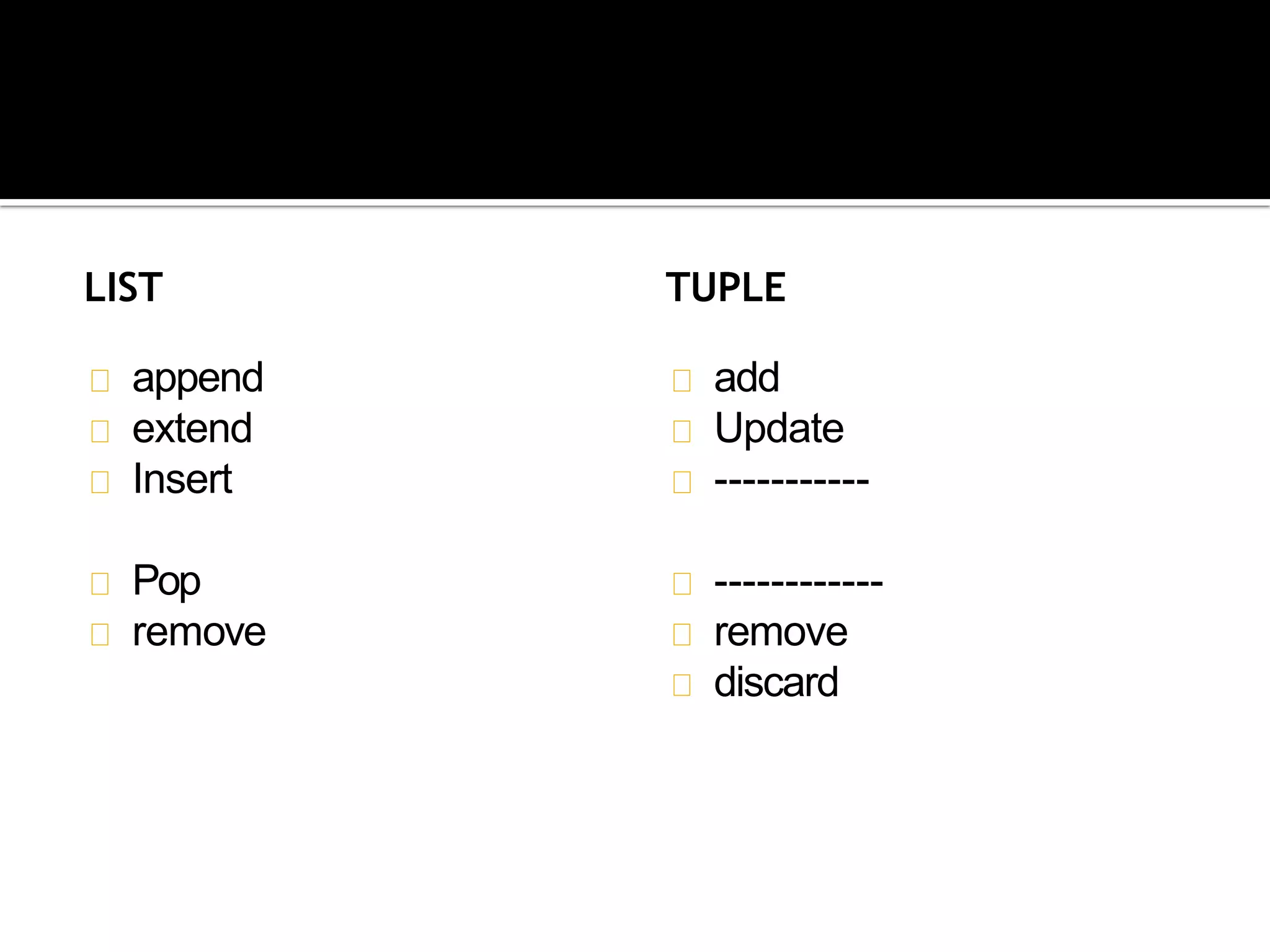 LIST
append
extend
Insert
Pop
remove
TUPLE
add
Update
-----------
------------
remove
discard
 