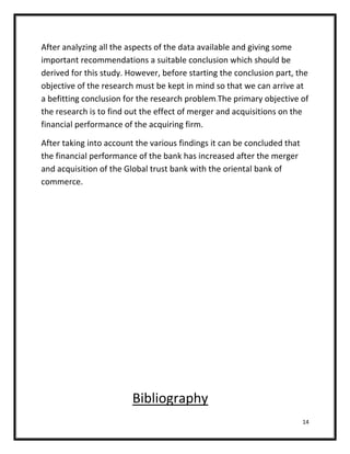 After analyzing all the aspects of the data available and giving some
important recommendations a suitable conclusion which should be
derived for this study. However, before starting the conclusion part, the
objective of the research must be kept in mind so that we can arrive at
a befitting conclusion for the research problem.The primary objective of
the research is to find out the effect of merger and acquisitions on the
financial performance of the acquiring firm.

After taking into account the various findings it can be concluded that
the financial performance of the bank has increased after the merger
and acquisition of the Global trust bank with the oriental bank of
commerce.




                         Bibliography
                                                                          14
 