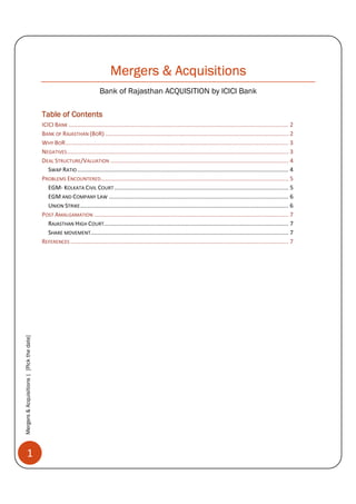 Mergers & Acquisitions
                                                                            Bank of Rajasthan ACQUISITION by ICICI Bank

                                           Table of Contents
                                           ICICI BANK ................................................................................................................................... 2
                                           BANK OF RAJASTHAN (BOR) ............................................................................................................. 2
                                           WHY BOR ..................................................................................................................................... 3
                                           NEGATIVES .................................................................................................................................... 3
                                           DEAL STRUCTURE/VALUATION .......................................................................................................... 4
                                              SWAP RATIO .............................................................................................................................. 4
                                           PROBLEMS ENCOUNTERED................................................................................................................ 5
                                              EGM- KOLKATA CIVIL COURT ........................................................................................................ 5
                                              EGM AND COMPANY LAW ........................................................................................................... 6
                                              UNION STRIKE ............................................................................................................................ 6
                                           POST AMALGAMATION .................................................................................................................... 7
                                              RAJASTHAN HIGH COURT.............................................................................................................. 7
                                              SHARE MOVEMENT...................................................................................................................... 7
                                           REFERENCES .................................................................................................................................. 7
Mergers & Acquisitions | [Pick the date]




          1
 
