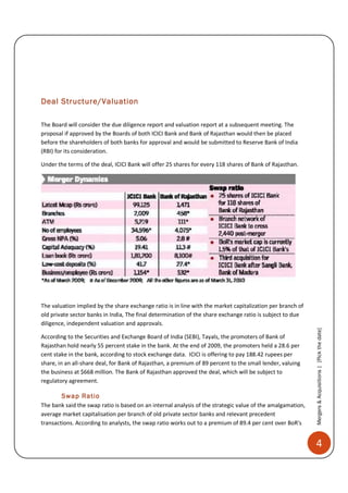 Deal Structure/Valuation

The Board will consider the due diligence report and valuation report at a subsequent meeting. The
proposal if approved by the Boards of both ICICI Bank and Bank of Rajasthan would then be placed
before the shareholders of both banks for approval and would be submitted to Reserve Bank of India
(RBI) for its consideration.

Under the terms of the deal, ICICI Bank will offer 25 shares for every 118 shares of Bank of Rajasthan.




The valuation implied by the share exchange ratio is in line with the market capitalization per branch of
old private sector banks in India, The final determination of the share exchange ratio is subject to due
diligence, independent valuation and approvals.
                                                                                                            Mergers & Acquisitions | [Pick the date]


According to the Securities and Exchange Board of India (SEBI), Tayals, the promoters of Bank of
Rajasthan hold nearly 55 percent stake in the bank. At the end of 2009, the promoters held a 28.6 per
cent stake in the bank, according to stock exchange data. ICICI is offering to pay 188.42 rupees per
share, in an all-share deal, for Bank of Rajasthan, a premium of 89 percent to the small lender, valuing
the business at $668 million. The Bank of Rajasthan approved the deal, which will be subject to
regulatory agreement.

        Swap Ratio
The bank said the swap ratio is based on an internal analysis of the strategic value of the amalgamation,
average market capitalisation per branch of old private sector banks and relevant precedent
transactions. According to analysts, the swap ratio works out to a premium of 89.4 per cent over BoR's


                                                                                                            4
 