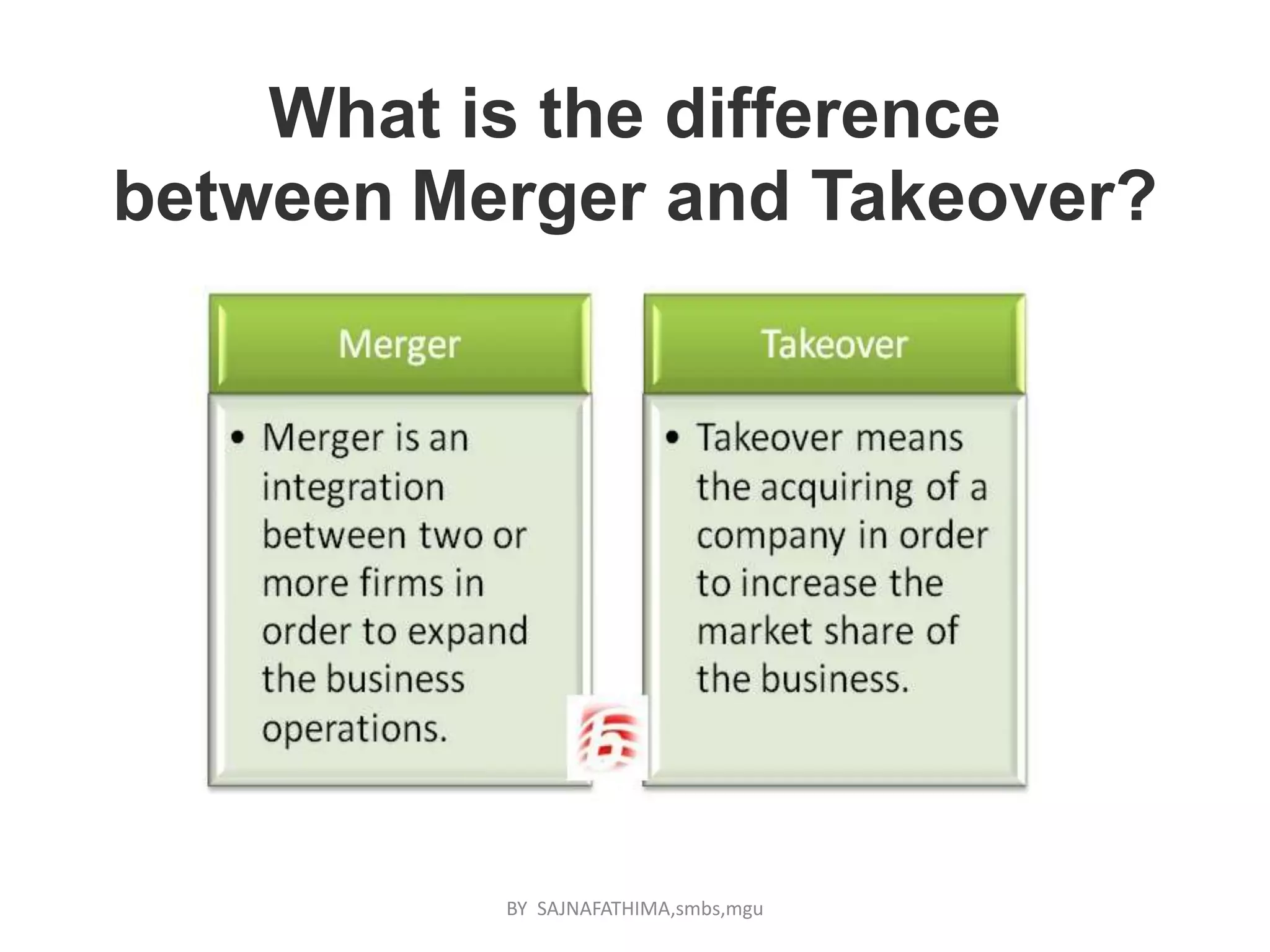 What is the difference
between Merger and Takeover?
BY SAJNAFATHIMA,smbs,mgu
 