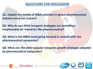 4M&A in the Pharma Industry_ Group719-06-2013
Q1. Explain the trends of M&A activities in global pharmaceutical
industry since last 3 years?
Q2. Why do you think inorganic strategies are sometimes
irreplaceable for industries like pharmaceutical?
Q3. What is the M&A trend going forward in context with the
pharmaceutical companies?
Q4. What are the other popular inorganic growth strategies adopted
by pharmaceutical companies?
 
