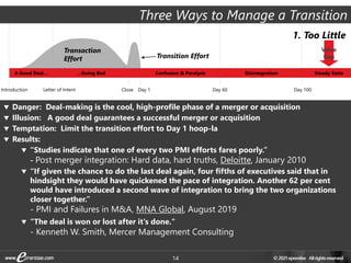 14
Transaction
Effort Transition Effort
Letter of Intent Close Day 60 Day 100
Introduction Day 1
Selection Early Transition
Due Diligence & Negotiation Late Transition Steady State
1. Too Little
A Good Deal… Confusion & Paralysis
…Going Bad Disintegration Steady State
 Danger: Deal-making is the cool, high-profile phase of a merger or acquisition
 Illusion: A good deal guarantees a successful merger or acquisition
 Temptation: Limit the transition effort to Day 1 hoop-la
 Results:
 “Studies indicate that one of every two PMI efforts fares poorly.”
- Post merger integration: Hard data, hard truths, Deloitte, January 2010
 “If given the chance to do the last deal again, four fifths of executives said that in
hindsight they would have quickened the pace of integration. Another 62 per cent
would have introduced a second wave of integration to bring the two organizations
closer together.”
- PMI and Failures in M&A, MNA Global, August 2019
 "The deal is won or lost after it's done."
- Kenneth W. Smith, Mercer Management Consulting
Value
Gap
Three Ways to Manage a Transition
 