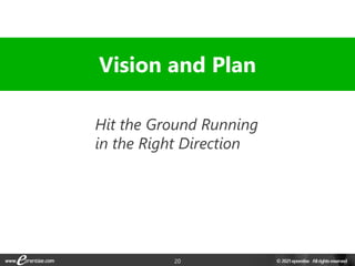 20
Hit the Ground Running
in the Right Direction
Vision and Plan
 