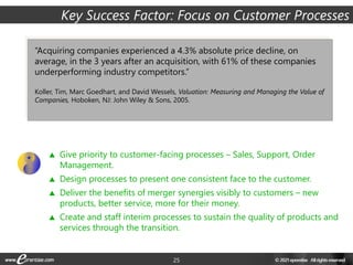 25
“Acquiring companies experienced a 4.3% absolute price decline, on
average, in the 3 years after an acquisition, with 61% of these companies
underperforming industry competitors.”
Koller, Tim, Marc Goedhart, and David Wessels, Valuation: Measuring and Managing the Value of
Companies, Hoboken, NJ: John Wiley & Sons, 2005.
 Give priority to customer-facing processes – Sales, Support, Order
Management.
 Design processes to present one consistent face to the customer.
 Deliver the benefits of merger synergies visibly to customers – new
products, better service, more for their money.
 Create and staff interim processes to sustain the quality of products and
services through the transition.
Key Success Factor: Focus on Customer Processes
 