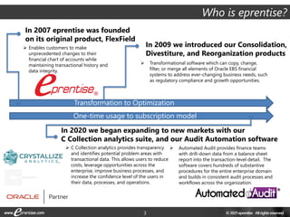 3
In 2007 eprentise was founded
on its original product, FlexField
 Enables customers to make
unprecedented changes to their
financial chart of accounts while
maintaining transactional history and
data integrity.
In 2009 we introduced our Consolidation,
Divestiture, and Reorganization products
 Transformational software which can copy, change,
filter, or merge all elements of Oracle EBS financial
systems to address ever-changing business needs, such
as regulatory compliance and growth opportunities.
In 2020 we began expanding to new markets with our
C Collection analytics suite, and our Audit Automation software
 Automated Audit provides finance teams
with drill-down data from a balance sheet
report into the transaction-level detail. The
software covers hundreds of substantive
procedures for the entire enterprise domain
and builds in consistent audit processes and
workflows across the organization.
 C Collection analytics provides transparency
and identifies potential problem areas with
transactional data. This allows users to reduce
costs, leverage opportunities across the
enterprise, improve business processes, and
increase the confidence level of the users in
their data, processes, and operations.
Transformation to Optimization
One-time usage to subscription model
Who is eprentise?
 