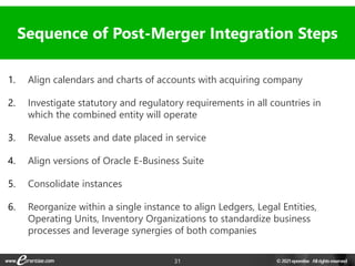 31
1. Align calendars and charts of accounts with acquiring company
2. Investigate statutory and regulatory requirements in all countries in
which the combined entity will operate
3. Revalue assets and date placed in service
4. Align versions of Oracle E-Business Suite
5. Consolidate instances
6. Reorganize within a single instance to align Ledgers, Legal Entities,
Operating Units, Inventory Organizations to standardize business
processes and leverage synergies of both companies
Sequence of Post-Merger Integration Steps
 