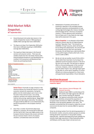 Globalisation  of  activities  and  location  of  
Mid-­‐Market  M&A                                                                               production  capacities  in  the  emerging  markets  
                                                                                                along  with  acquisition  and  development  of  new  
Snapshot...  
       th                    
                                                                                                cutting-­‐edge  technologies  (for  instance  industrial  
                                                                                                biotechnology)  will  be  in  the  focus  of  potential  
30 September 2011    
                                                                                                investors.  In  these  segments  there  should  be  a  
  
                                                                                                flurry  of  deals  and  it  is  also  likely  the  next  mega-­‐
                                                                                                deals  will  be  observed  in  this  space.  
                 Overall  disclosed  mid-­‐market  deal  volume  in  the               
                 month  of  September  stood  at  1056 equating  to                             Macro  Snapshot:    In  an  attempt  to  drive  down  
                 US$46,733bn  (average  deal  value  US$44.26m).  
                                                                                                long  term  interest  rates  the  US  Federal  Reserve  
  
                 The  figures  are  down  from  September  2010  when                           US$400bn  of  long  Treasuries,  which  will  be  paid  
                 there  were  1228  deals  equating  to  US$59,964bn                            for  by  selling  short-­‐dated  bonds.  The  outcome  will  
                 (average  deal  US$56.83m).                                                    be  increased  costs  for  short  term  borrowing.  
                                                                                                Perversely,  this  will  likely  have  a  detrimental  effect  
                 The  majority  of  deals  took  place  in  the  financial                      on  the  profit  margins  of  banks  which  will,  in  turn,  
                 services  and  consumer  sectors.    There  was  also                                                          
                 notable  activity  from  the  real  estate  industry  with            
                 Hong  Kong  Based  Henderson  Land  Development  Co  
                                                                                                We  do  not  rule  out  another  round  of  full-­‐on  QE  in  
                 involved  in  20  transactions  and  Blackstone  Real  
                                                                                                the  US  while  there  have  been  murmurings  of  an  
                 Estate  also  participating  heavily.  
                                                                                                additional  round  of  monetary  stimulus  in  the  UK  in  
     Num ber of Transactions by Sector                                                          the  form  of  its  own  QE2.  This  will  have  an  adverse  
     Energy                                                                   57                effect  on  the  pu
     Materials                                                                88                currencies.  However,  a  lack  of  competition  will  
     Industrials                                                             103
     Consumer Discretionary                                                  116                keep  the  dollar  king  for  now,  although  expect  gold  
     Consumer Staples                                                         29                to  rally  after  its  recent  spiral.  Elsewhere,  EU  senior  
     Healthcare                                                               47
     Financials                                                              312
                                                                                                officials  are  to  discuss  proposals  for  a  fiscal  union  
     Information Technology                                                   79                and  apportioned  responsibility  in  fiscal  indiscipline.      
     Telecommunication Services                                                3
                                                                                       
     Utilities                                                                18
     No Primary Industry Assigned                                            204       
     Valuation Summary
     Total Deal Value($mm):                                            46,733.91
                                                                                     Word  from  the  ground  
     Average Deal Value:                                                   44.26     Our  local  experts  give  the  latest  M&A  indicators  from  their  
                                                                                     respective  regions  
Source:  Capital  IQ  
                                                                                       
  
                                                                                                           
                 Sector  Focus:  Practically  no  large  company  in  the  
                                                                                                         Owen  Hultman,  General  Manager,  IBS  
                 chemical  industry  has  missed  the  chance  to  use  the  
                                                                                                         Yamaichi  Securities  
                 economic  recovery  for  acquisitions.  During  the  
                                                                                                         Outbound  Japan  M&A  is  accelerating  as  the  
                 global  crisis  the  market  players  were  more  or  less  
                                                                                                         JPY  reaches  new  highs  against  the  USD  and  
                 focused  on  their  internal  issues:  cost  cutting  
                                                                                                         EUR,  recently  reaching  JPY  102/EUR.  
                 programs,  portfolio  and  capacity  optimization,  
                                                                                                         The  Japanese  automotive  brake  materials  
                 internal  restructuring,  repositioning  etc.  Mega  M&A  
                                                                                     manufacturer,  Nisshinbo  announced  the  acquisition  of  
                 deals  did  not  take  long  to  materialise.  The  takeover  
                                                                                     European  brake  manufacturer  TMD  for  EUR  440m,  placing  
                 of  Cognis  GmbH  by  BASF  SE  in  June  2010  kicked  off  a  
                                                                                     Nisshinbo  in  the  top  position  globally  in  this  sector.  The  
                 period  of  acquisitions  in  the  European  chemical  
                                                                                     president  commented  that  the  strong  Yen  makes  the  current  
                 industry.  
                                                                                     environment  the  best  time  for  overseas  M&A  for  Japanese  
  
                                                                                     companies.  
                 Since  then  a  number  of  prominent  deals  have                    
                 followed.  In  summary,  the  second  half  of  2010  and           Driven  by  shrinking  markets  from  the  declining  population  in  
                 the  first  half  of  2011,  have  seen  M&A  activity  in  the     the  domestic  market,  consumer  products  groups  are  actively  
                 European  chemical  industry  fully  recover  and  reach            looking  abroad  for  acquisitions  in  new  growth  markets,  
                 the  pre-­‐recession  levels  in  terms  of  company                especially  Asia.    Japanese  beverage  group  Asahi  Holdings  has  
                 valuation,  cumulated  deal  value  and  volume.                    recently  made  large  acquisitions  in  New  Zealand/Australia  
                                                                                     and  Malaysia  and  the  paper  diaper  and  personal  care  
 
