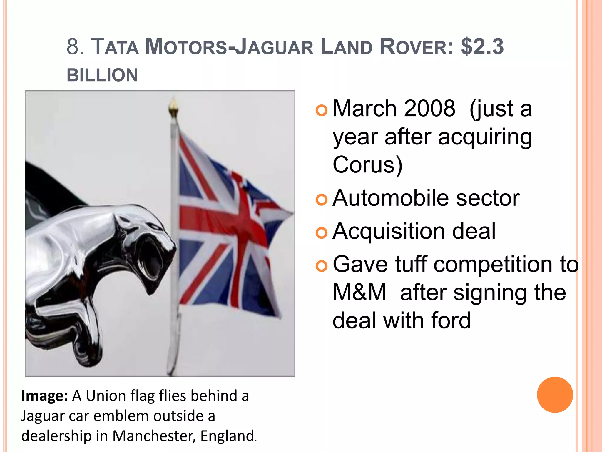8. TATA MOTORS-JAGUAR LAND ROVER: $2.3
      BILLION
                                      March  2008 (just a
                                       year after acquiring
                                       Corus)
                                      Automobile sector

                                      Acquisition deal

                                      Gave tuff competition to
                                       M&M after signing the
                                       deal with ford


Image: A Union flag flies behind a
Jaguar car emblem outside a
dealership in Manchester, England.
 