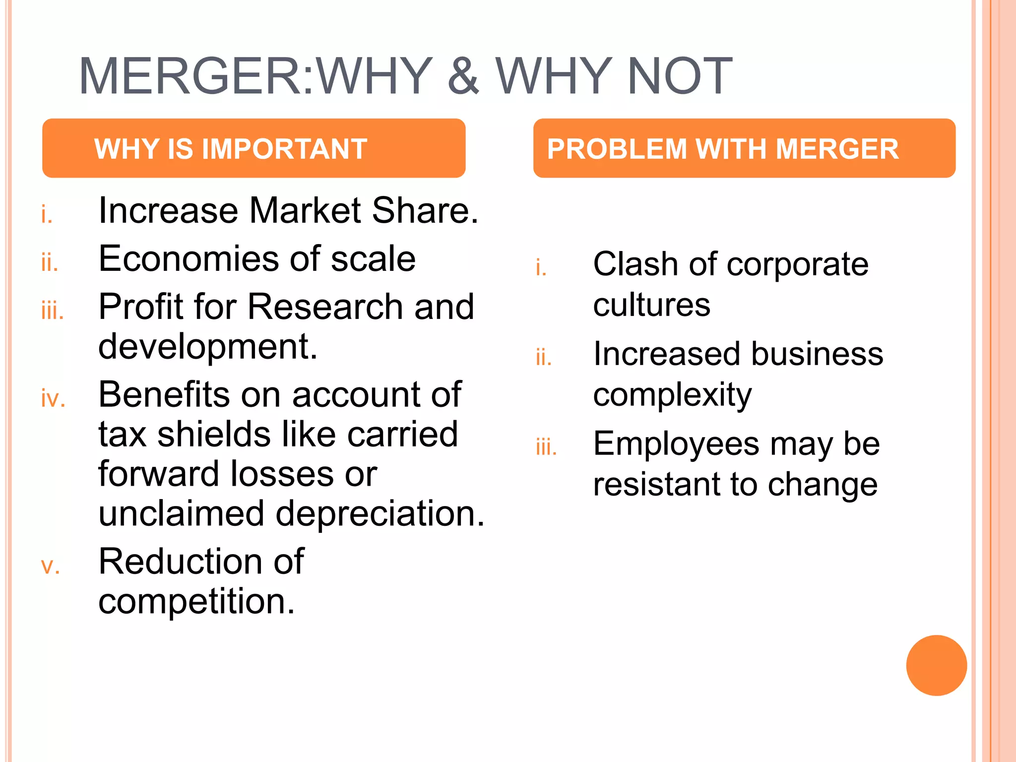 MERGER:WHY & WHY NOT
       WHY IS IMPORTANT            PROBLEM WITH MERGER

i.     Increase Market Share.
ii.    Economies of scale         i.     Clash of corporate
iii.   Profit for Research and           cultures
       development.               ii.    Increased business
iv.    Benefits on account of            complexity
       tax shields like carried   iii.   Employees may be
       forward losses or                 resistant to change
       unclaimed depreciation.
v.     Reduction of
       competition.


                                                               5
 