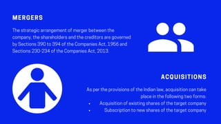 MERGERS
Thestrategicarrangementofmergerbetweenthe
company,theshareholdersandthecreditorsaregoverned
bySections390to394oftheCompaniesAct,1956and
Sections230-234oftheCompaniesAct,2013.
ACQUISITIONS
Acquisitionofexistingsharesofthetargetcompany
Subscriptiontonewsharesofthetargetcompany
AspertheprovisionsoftheIndianlaw,acquisitioncantake
placeinthefollowingtwoforms:
 