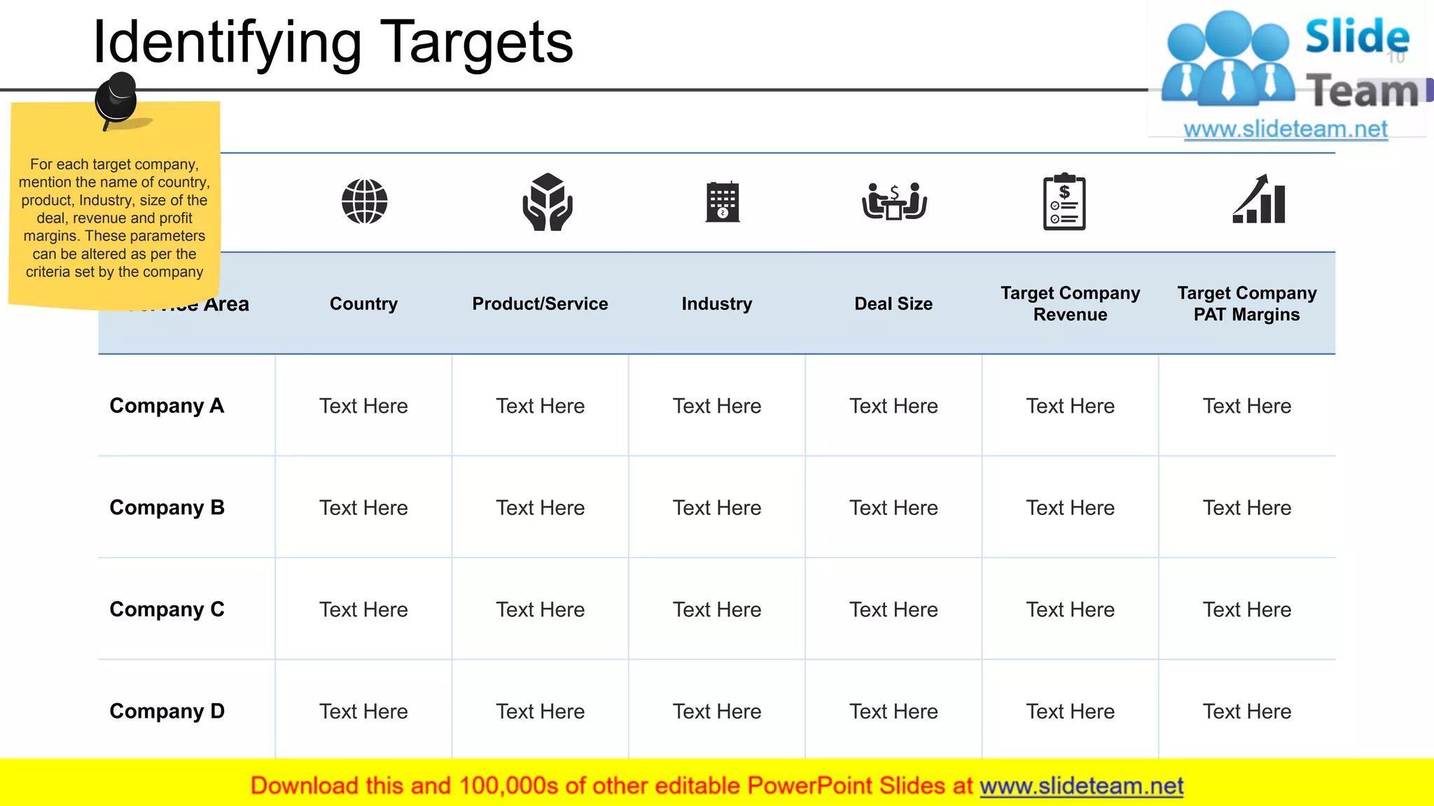 Identifying Targets
Service Area Country Product/Service Industry Deal Size
Target Company
Revenue
Target Company
PAT Margins
Company A Text Here Text Here Text Here Text Here Text Here Text Here
Company B Text Here Text Here Text Here Text Here Text Here Text Here
Company C Text Here Text Here Text Here Text Here Text Here Text Here
Company D Text Here Text Here Text Here Text Here Text Here Text Here
10
For each target company,
mention the name of country,
product, Industry, size of the
deal, revenue and profit
margins. These parameters
can be altered as per the
criteria set by the company
 