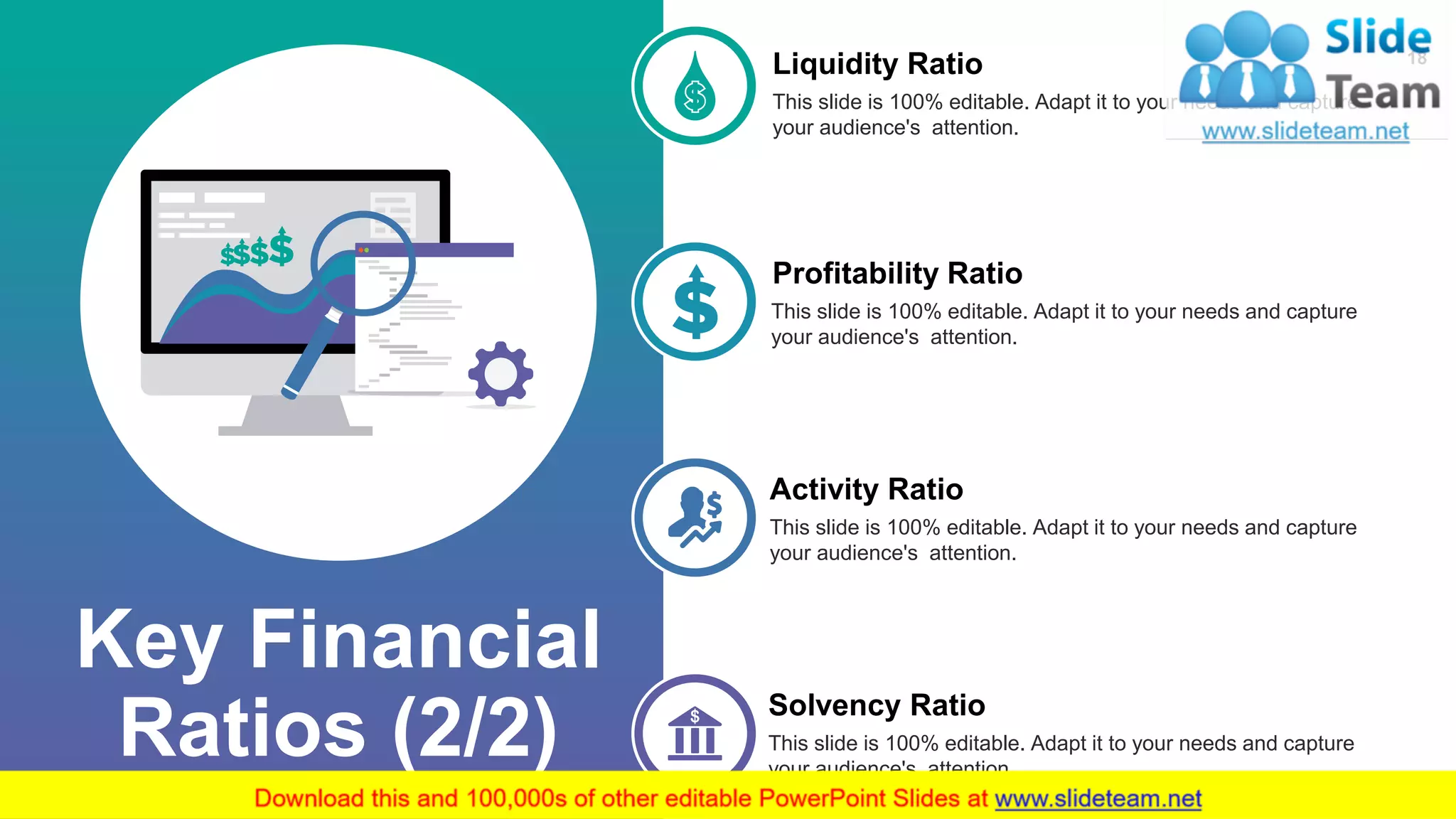 Liquidity Ratio
This slide is 100% editable. Adapt it to your needs and capture
your audience's attention.
Profitability Ratio
This slide is 100% editable. Adapt it to your needs and capture
your audience's attention.
Activity Ratio
This slide is 100% editable. Adapt it to your needs and capture
your audience's attention.
Solvency Ratio
This slide is 100% editable. Adapt it to your needs and capture
your audience's attention.
Key Financial
Ratios (2/2)
18
 