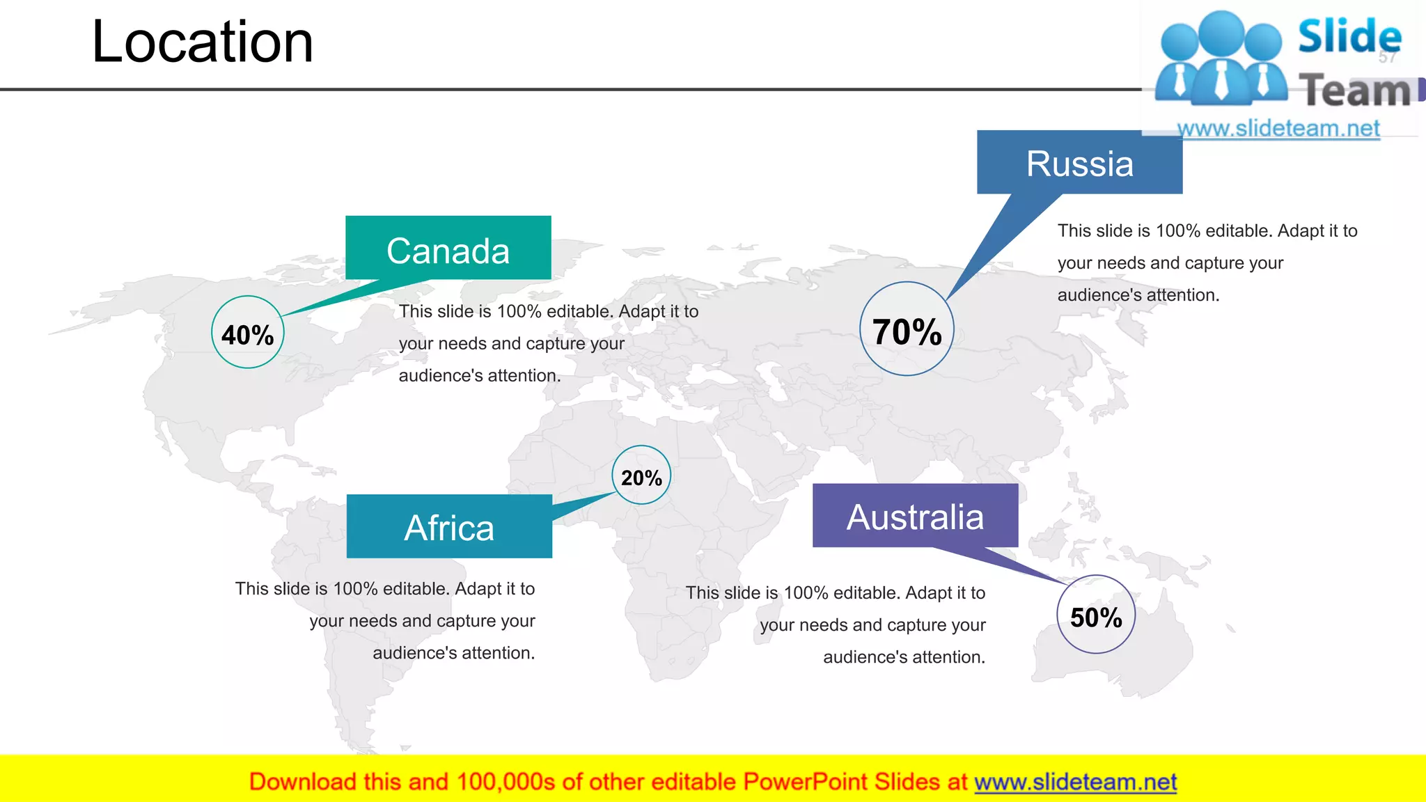 Location
50%
This slide is 100% editable. Adapt it to
your needs and capture your
audience's attention.
Russia
70%
This slide is 100% editable. Adapt it to
your needs and capture your
audience's attention.
Africa
20%
This slide is 100% editable. Adapt it to
your needs and capture your
audience's attention.
Canada
40%
This slide is 100% editable. Adapt it to
your needs and capture your
audience's attention.
57
 
