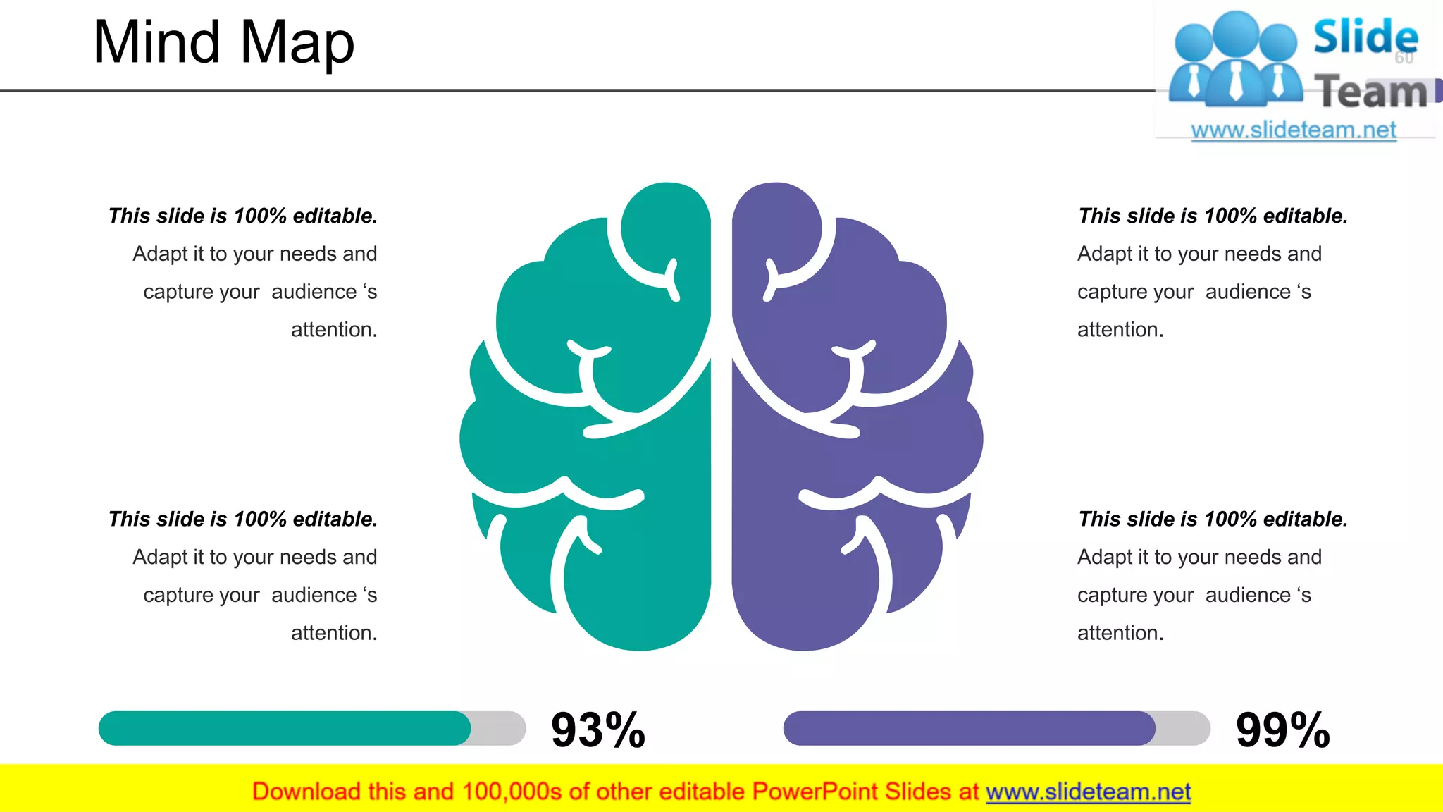 Mind Map
93% 99%
This slide is 100% editable.
Adapt it to your needs and
capture your audience ‘s
attention.
This slide is 100% editable.
Adapt it to your needs and
capture your audience ‘s
attention.
This slide is 100% editable.
Adapt it to your needs and
capture your audience ‘s
attention.
This slide is 100% editable.
Adapt it to your needs and
capture your audience ‘s
attention.
60
 