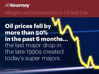 Oil prices fell by
more than 50%
in the past 6 months…
the last major drop in
the late 1990s created
today’s super majors.
Mergers and Acquisitions in Oil and Gas
Source: A.T. Kearney
 