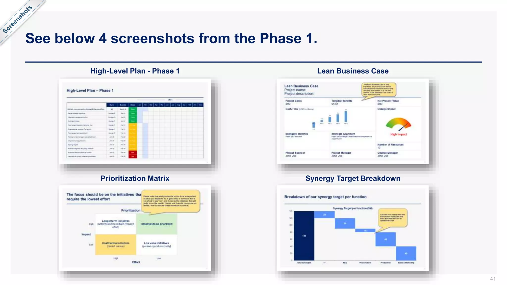See below 4 screenshots from the Phase 1.
41
High-Level Plan - Phase 1
Prioritization Matrix
Lean Business Case
Synergy Target Breakdown
 
