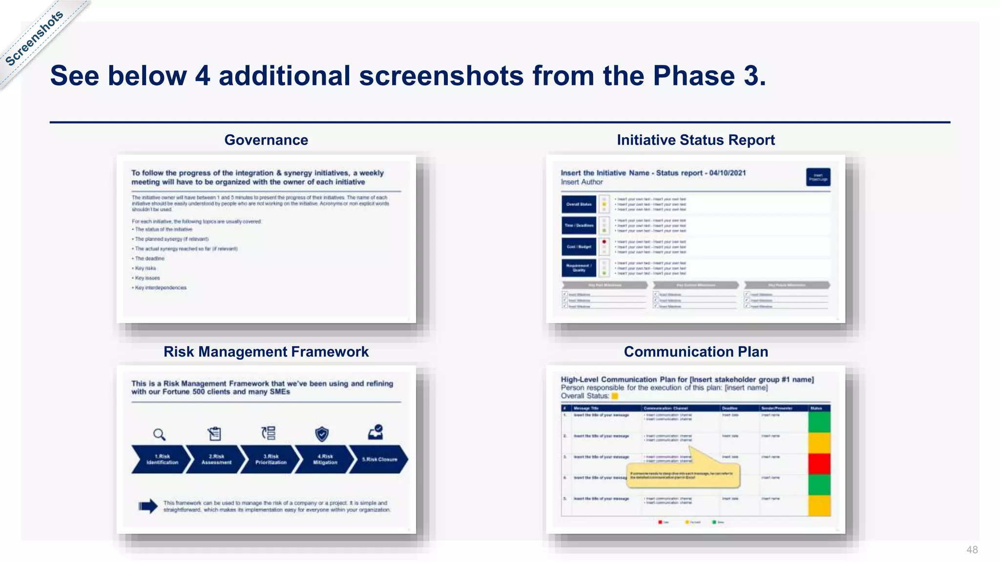 See below 4 additional screenshots from the Phase 3.
48
Governance
Risk Management Framework
Initiative Status Report
Communication Plan
 
