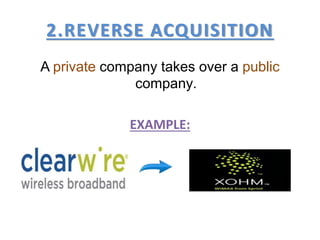 2.REVERSE ACQUISITION
A private company takes over a public
company.
EXAMPLE:
 