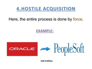 4.HOSTILE ACQUISITION
Here, the entire process is done by force.
EXAMPLE:
$10.3 billion
 