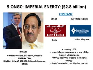 5.ONGC–IMPERIAL ENERGY: ($2.8 billion)
CHRISTOPHER HOPKINSON, Imperial
ENERGY, CEO.
DINEDH KUMAR SARRAF, MD and chairmen,
ONGC.
IMAGE:
COMPANY
ONGC IMPERIAL ENERGY
India United Kingdom
 January 2009.
 Imperial energy company is one of the
biggest UK company.
 ONGC has 97 % of stake in Imperial
energy .
 ONGC wanted to tap Siberian market.
 
