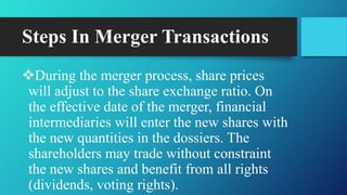 Steps In Merger Transactions
During the merger process, share prices
will adjust to the share exchange ratio. On
the effective date of the merger, financial
intermediaries will enter the new shares with
the new quantities in the dossiers. The
shareholders may trade without constraint
the new shares and benefit from all rights
(dividends, voting rights).
 