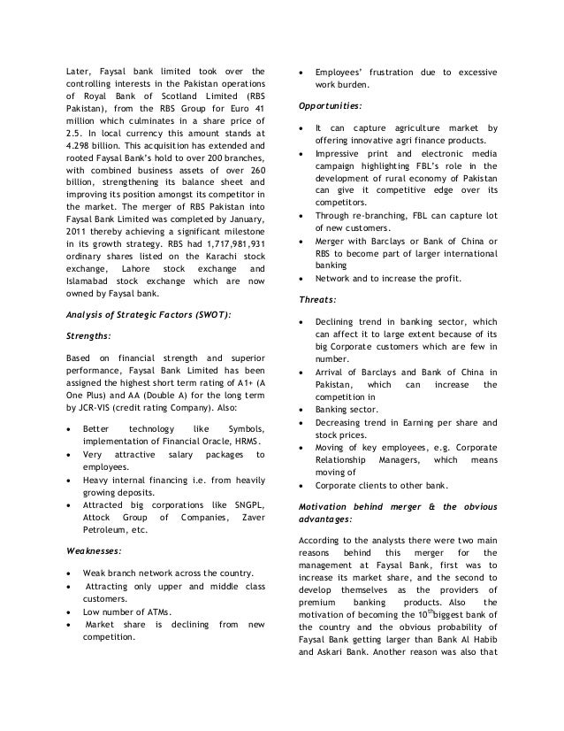 faysal bank and rbs merger Keywords: merger and acquisition financial performance profitability liquidity 2011) he did research for royal bank of scotland and analyzed the effects of accounting post-merger performance of atlas investment and al-faysal (pp. faysal bank and rbs merger Keywords: merger and acquisition financial performance profitability liquidity 2011) he did research for royal bank of scotland and analyzed the effects of accounting post-merger performance of atlas investment and al-faysal (pp.