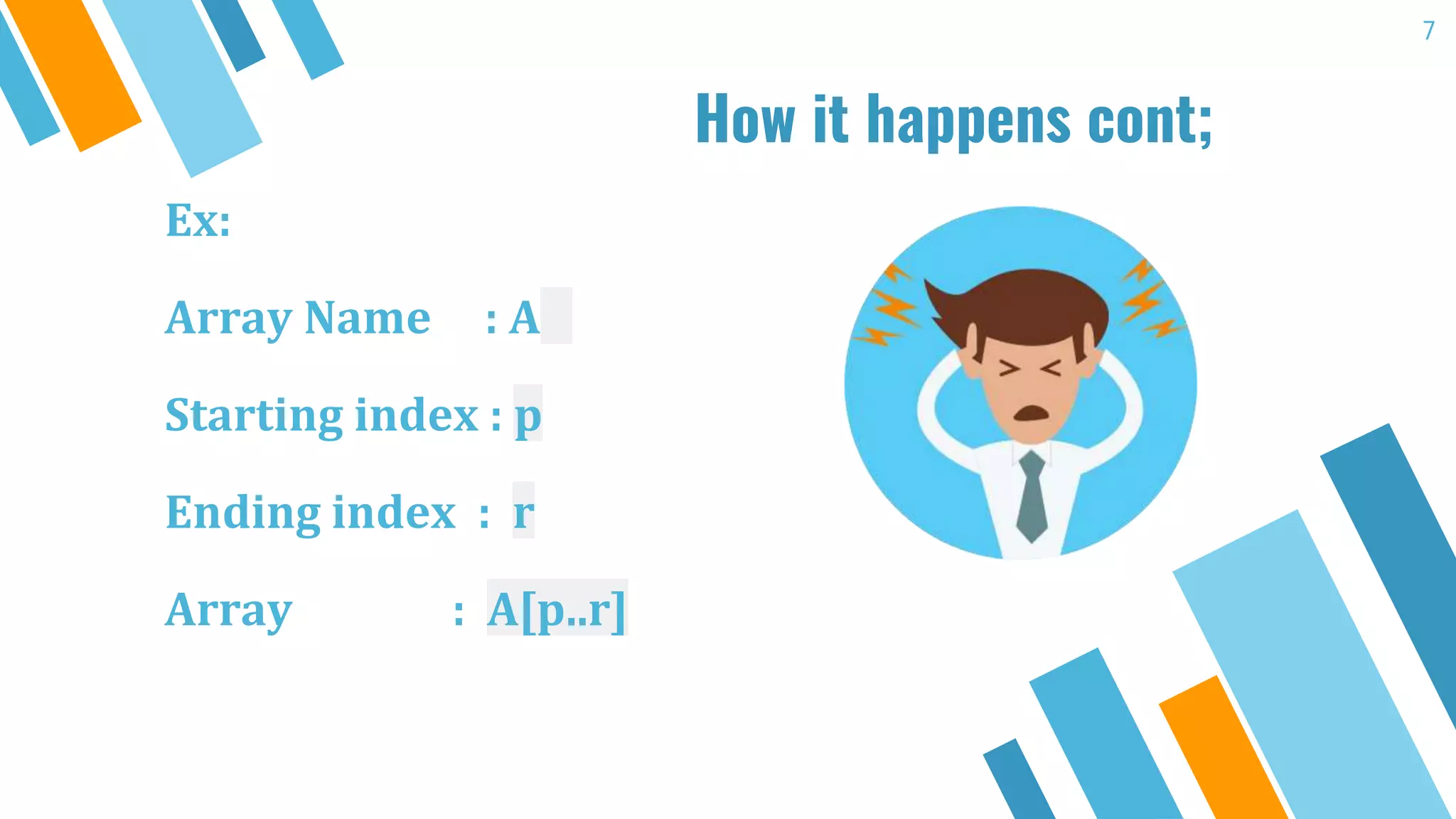 How it happens cont;
Ex:
Array Name : A
Starting index : p
Ending index : r
Array : A[p..r]
7
 