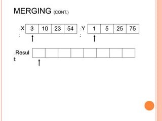 MERGING (CONT.)
3 10 23 54 1 5 25 75X
:
Y
:
Resul
t:
 