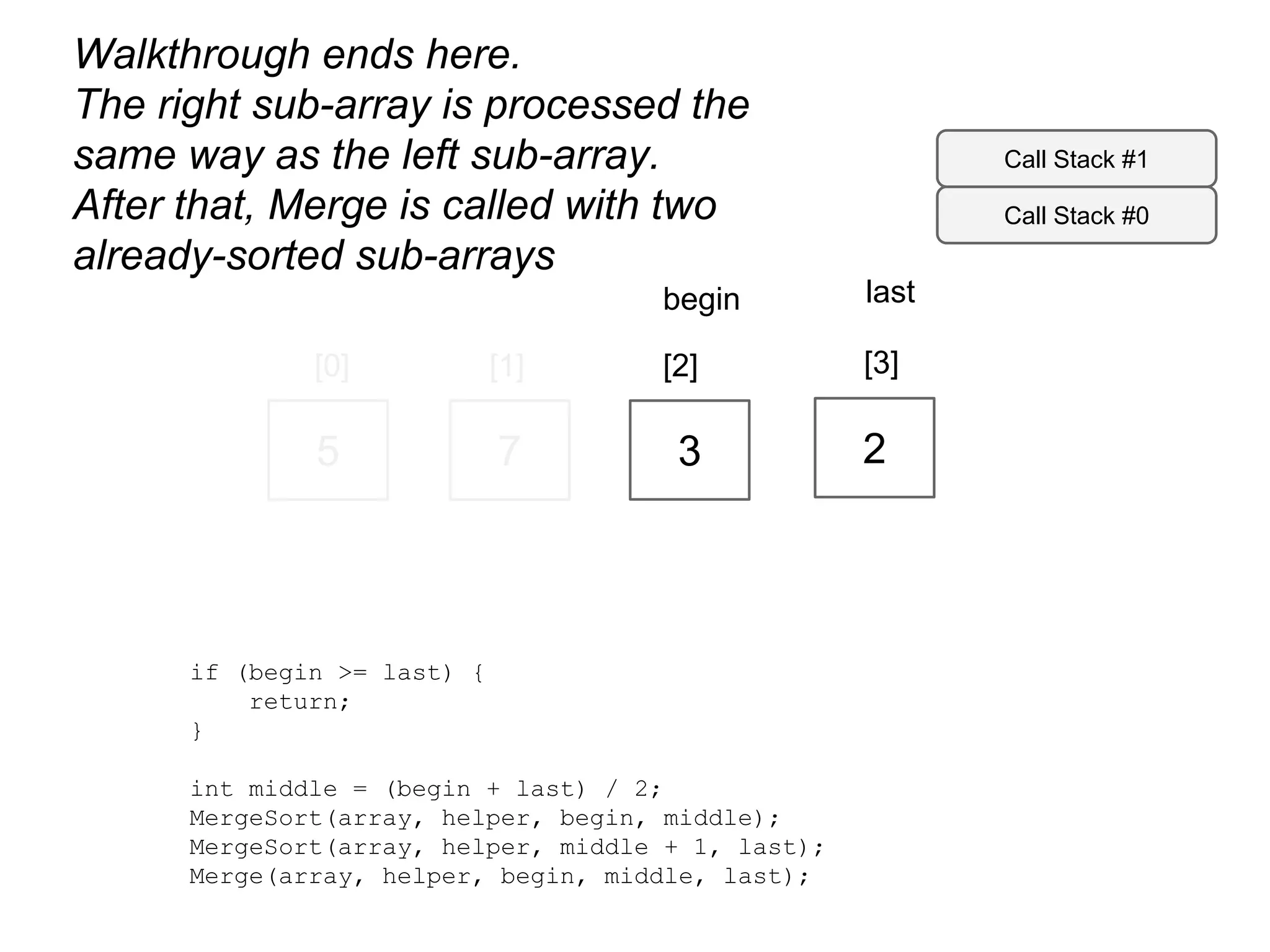 Walkthrough ends here.
The right sub-array is processed the
same way as the left sub-array.
After that, Merge is called with two
already-sorted sub-arrays

Call Stack #1
Call Stack #0

begin

last

[0]

[1]

[2]

[3]

5

7

3

2

if (begin >= last) {
return;
}
int middle = (begin + last) / 2;
MergeSort(array, helper, begin, middle);
MergeSort(array, helper, middle + 1, last);
Merge(array, helper, begin, middle, last);

 