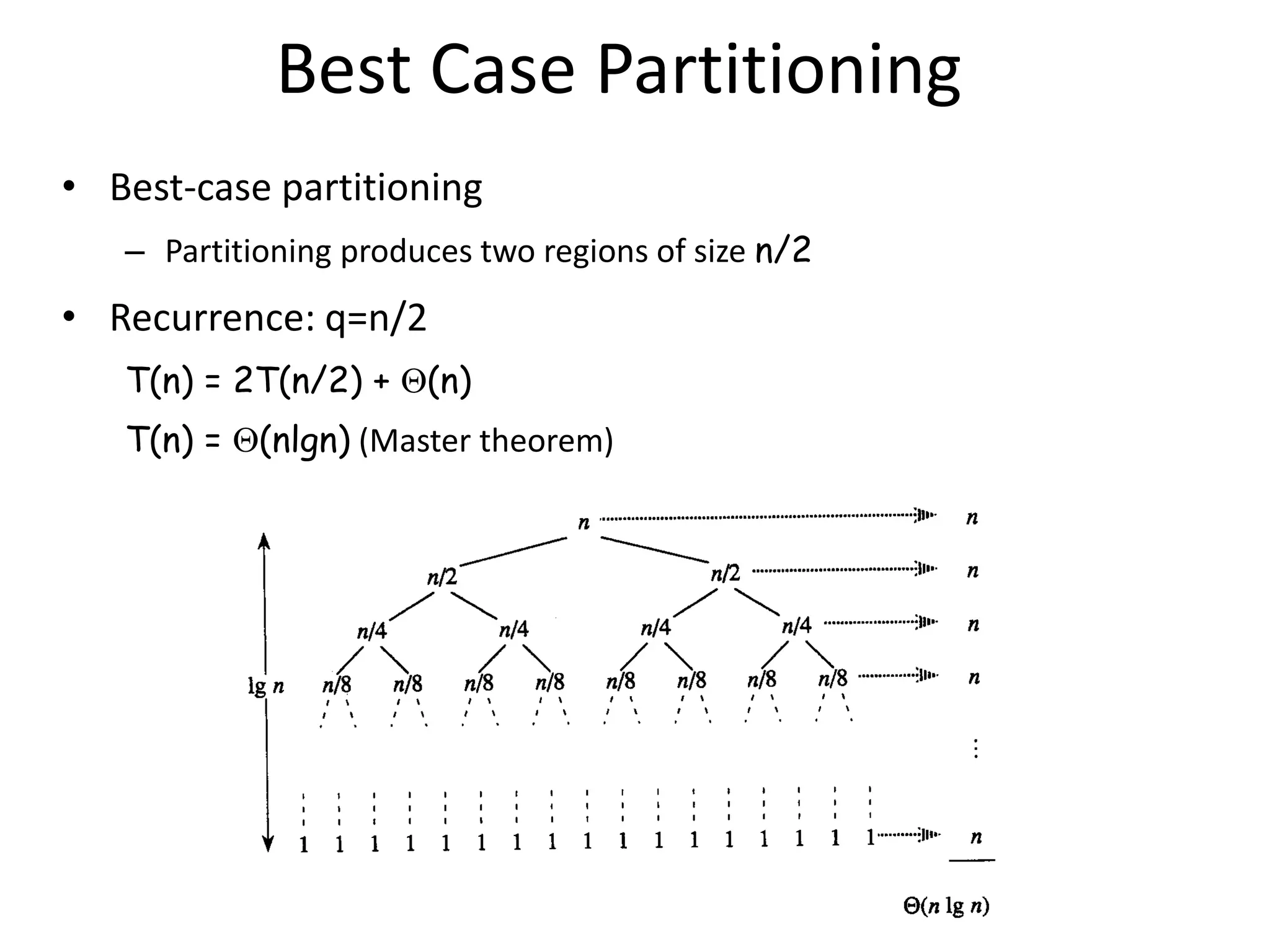 Best Case Partitioning
• Best-case partitioning
– Partitioning produces two regions of size n/2
• Recurrence: q=n/2
T(n) = 2T(n/2) + (n)
T(n) = (nlgn) (Master theorem)
 