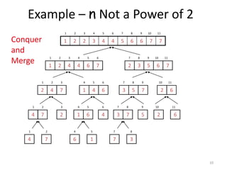 10
Example – n Not a Power of 2
77665443221
1 2 3 4 5 6 7 8 9 10 11
764421
1 2 3 4 5 6
76532
7 8 9 10 11
742
1 2 3
641
4 5 6
753
7 8 9
62
10 11
2
3
4
6
5
9
2
10
6
11
4
1
7
2
6
4
1
5
7
7
3
8
74
1 2
61
4 5
73
7 8
Conquer
and
Merge
 