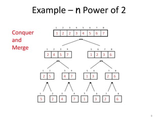 8
Example – n Power of 2
1
5
2
2
3
4
4
7 1
6
3
7
2
8
6
5
1 2 3 4 5 6 7 8
76543221
1 2 3 4
7542
5 6 7 8
6321
1 2
52
3 4
74
5 6
31
7 8
62
Conquer
and
Merge
 
