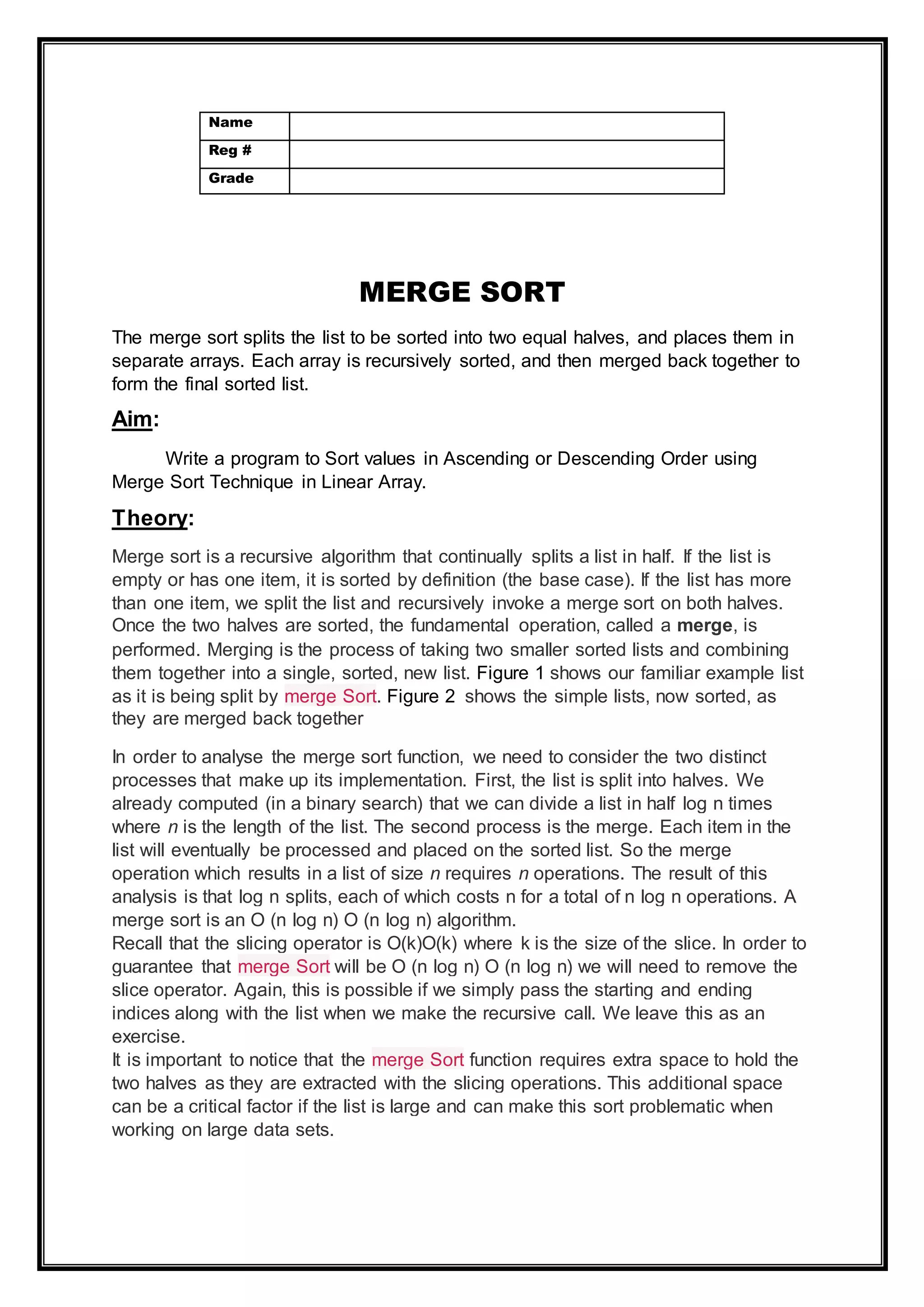 Merge sort lab mannual | DOCX