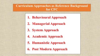 Curriculum Approaches as Reference Background
for CFC
1. Behavioural Approach
2. Managerial Approach
3. System Approach
4. Academic Approach
5. Humanistic Approach
6. Post Modern Approach
 