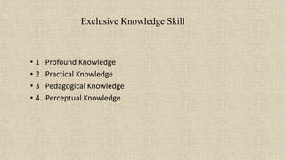 Exclusive Knowledge Skill
• 1 Profound Knowledge
• 2 Practical Knowledge
• 3 Pedagogical Knowledge
• 4. Perceptual Knowledge
 