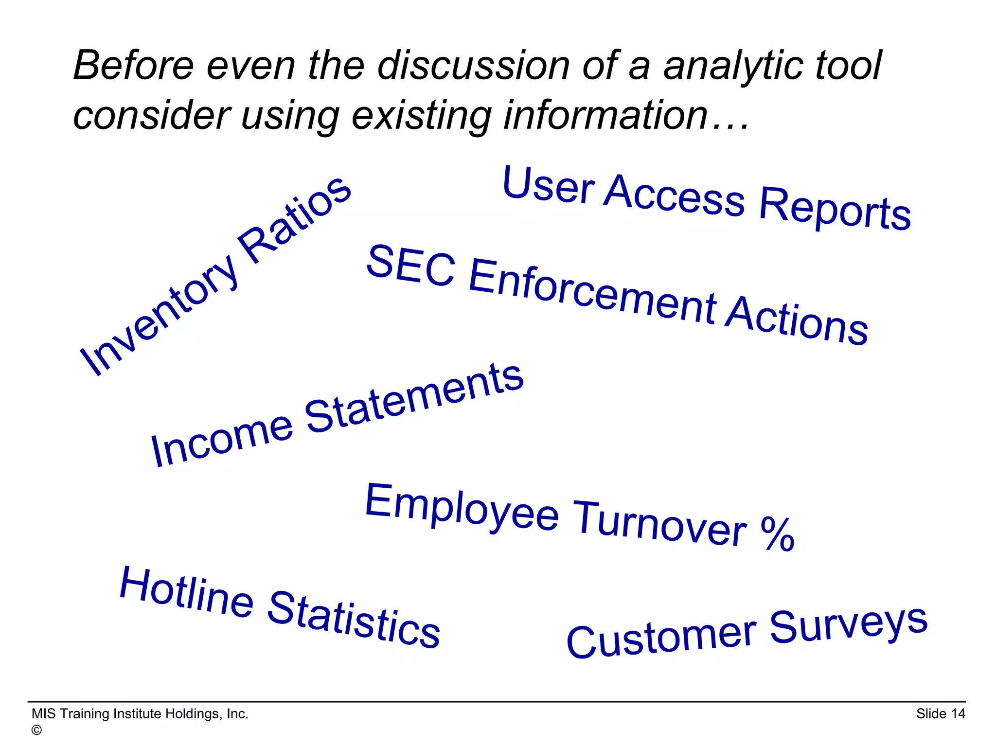 MIS Training Institute Holdings, Inc. Slide 14
©
Before even the discussion of a analytic tool
consider using existing information…
 