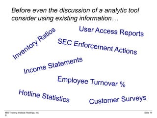 MIS Training Institute Holdings, Inc. Slide 14
©
Before even the discussion of a analytic tool
consider using existing information…
 