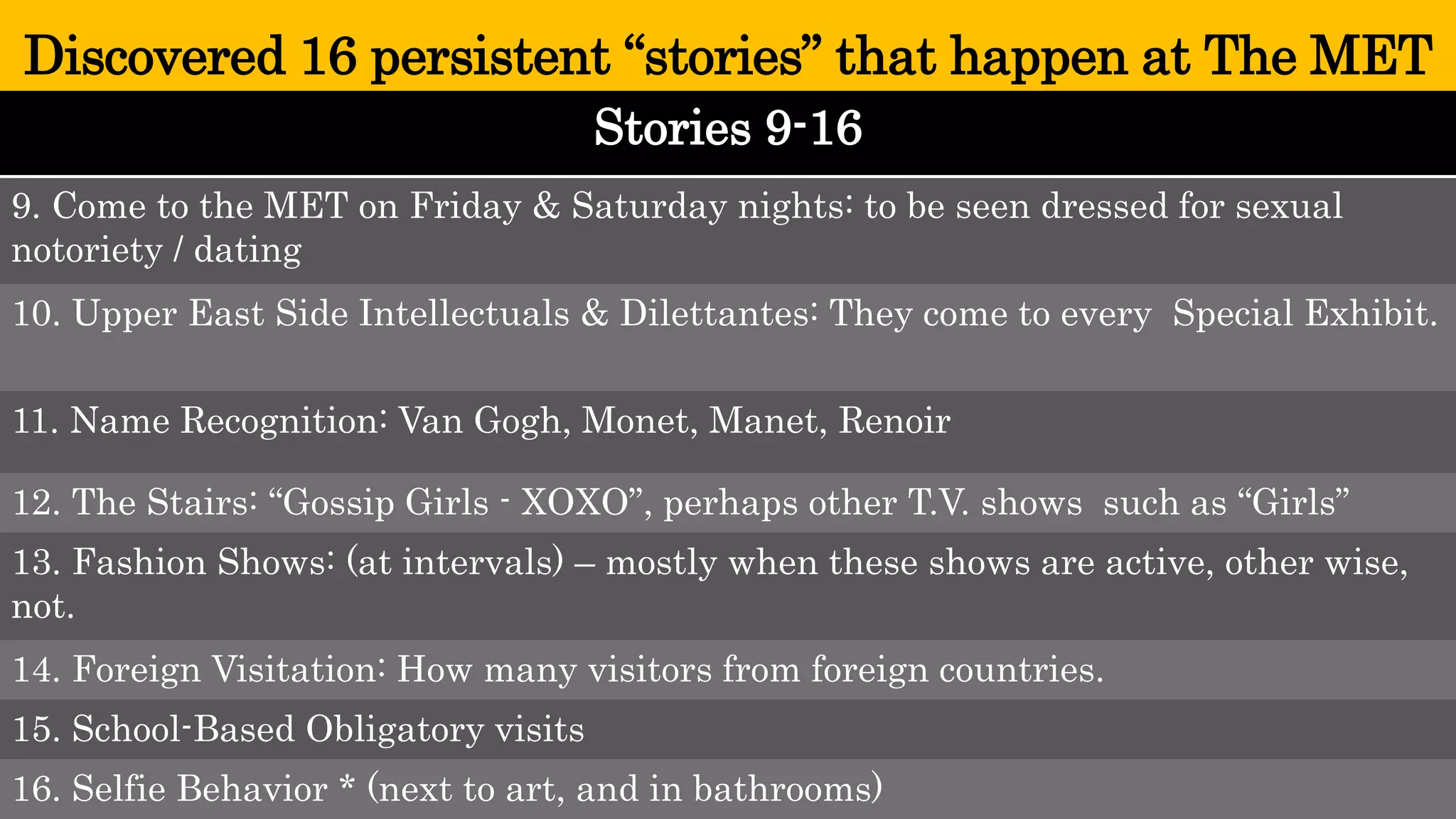 Stories 9-16 
9. Come to the MET onFriday & Saturday nights: to be seen dressed for sexual notoriety / dating 
10. Upper EastSide Intellectuals & Dilettantes: They come to every Special Exhibit. 
11. Name Recognition: Van Gogh, Monet, Manet, Renoir 
12. The Stairs: “Gossip Girls -XOXO”, perhapsother T.V. shows such as “Girls” 
13. FashionShows: (at intervals) –mostly when these shows are active, other wise, not. 
14. Foreign Visitation: How manyvisitors from foreign countries. 
15. School-BasedObligatory visits 
16. Selfie Behavior *(next to art, and in bathrooms) 
Discovered 16 persistent “stories” that happen at The MET  