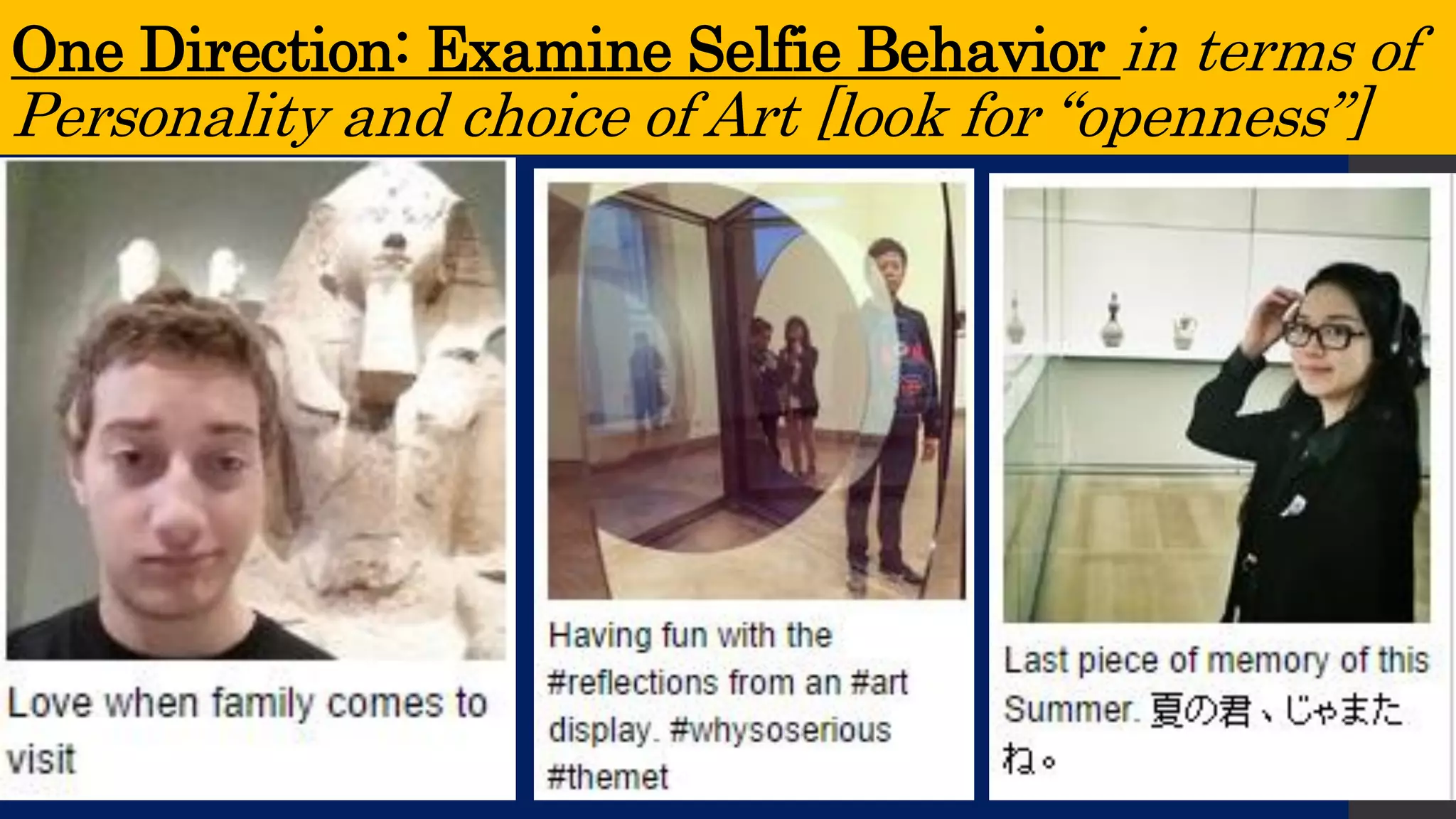 One Direction: Examine Selfie Behavior in terms of Personality and choice of Art [look for “openness”]  