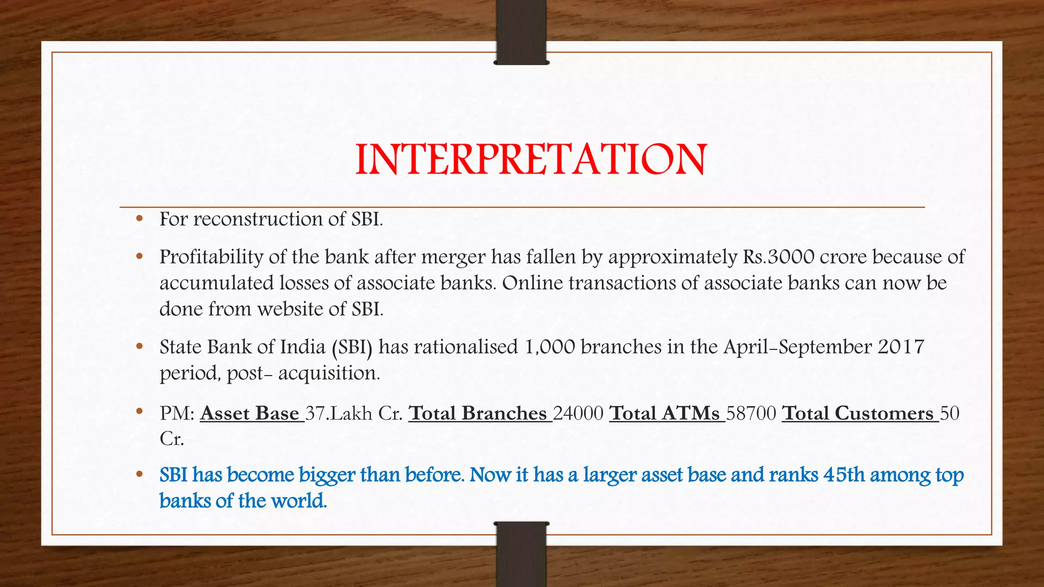 INTERPRETATION
• For reconstruction of SBI.
• Profitability of the bank after merger has fallen by approximately Rs.3000 crore because of
accumulated losses of associate banks. Online transactions of associate banks can now be
done from website of SBI.
• State Bank of India (SBI) has rationalised 1,000 branches in the April-September 2017
period, post- acquisition.
• PM: Asset Base 37.Lakh Cr. Total Branches 24000 Total ATMs 58700 Total Customers 50
Cr.
• SBI has become bigger than before. Now it has a larger asset base and ranks 45th among top
banks of the world.
 
